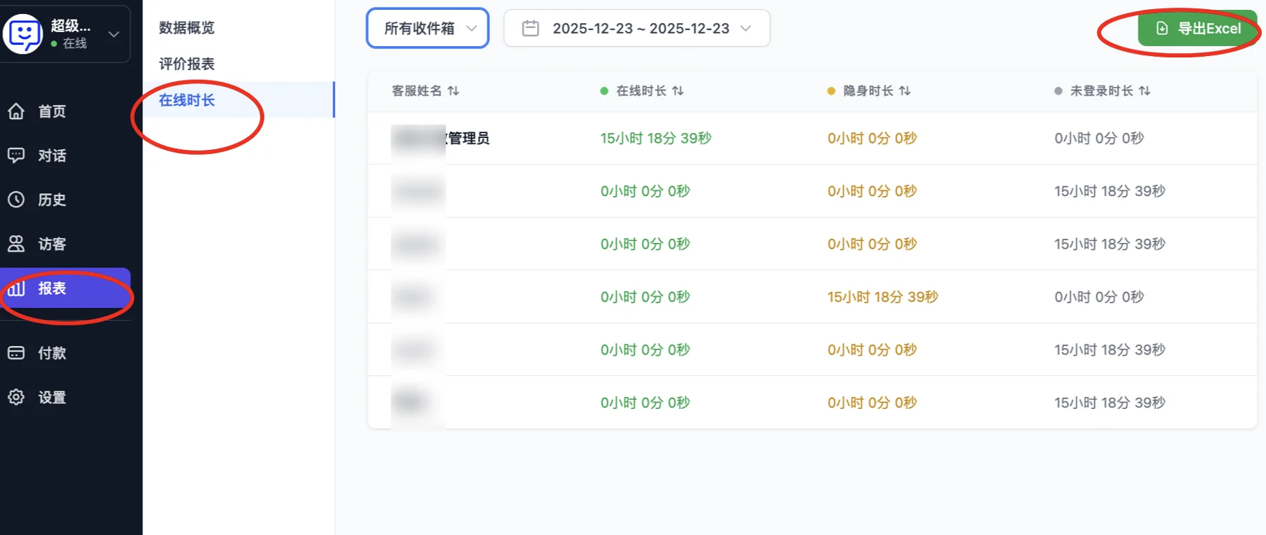 客服在線時長統計列表